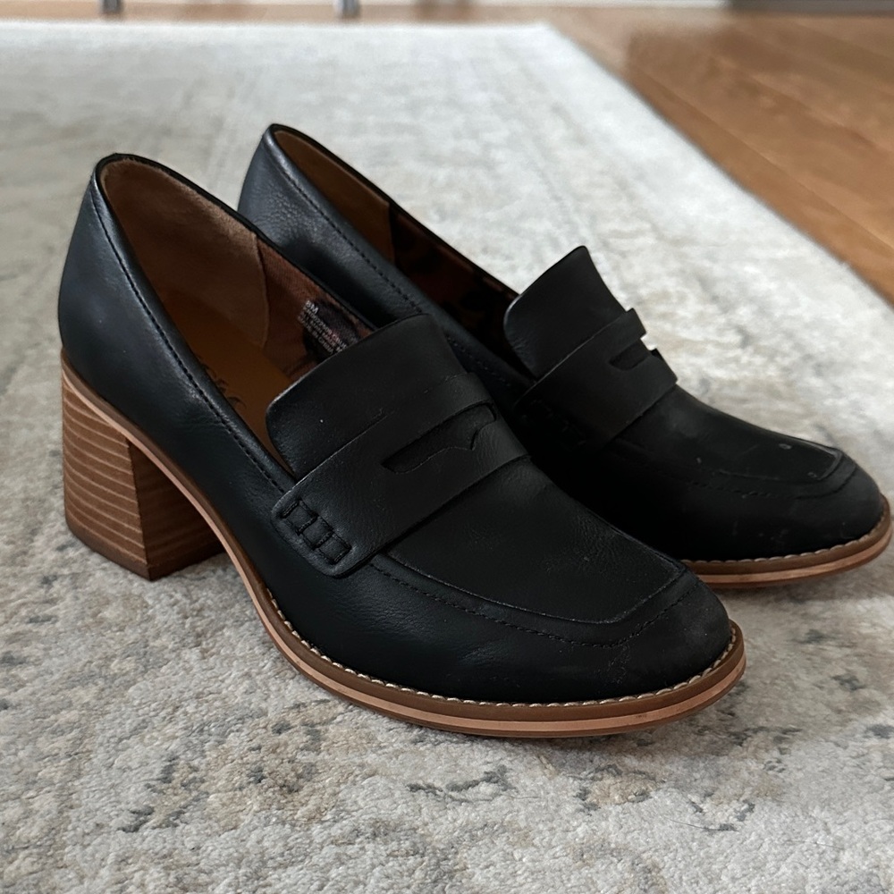 Kork-Ease Black Leather Block Heel Loafers